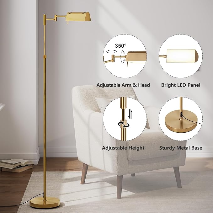 SUNMORY Dimmable LED Pharmacy Floor Lamp, 16W Bright Reading Floor Lamp with Remote & Touch Control, 350°Swing Arm, Adjustable Task Craft Standing Lamp for Living Room Bedroom Office, Gold