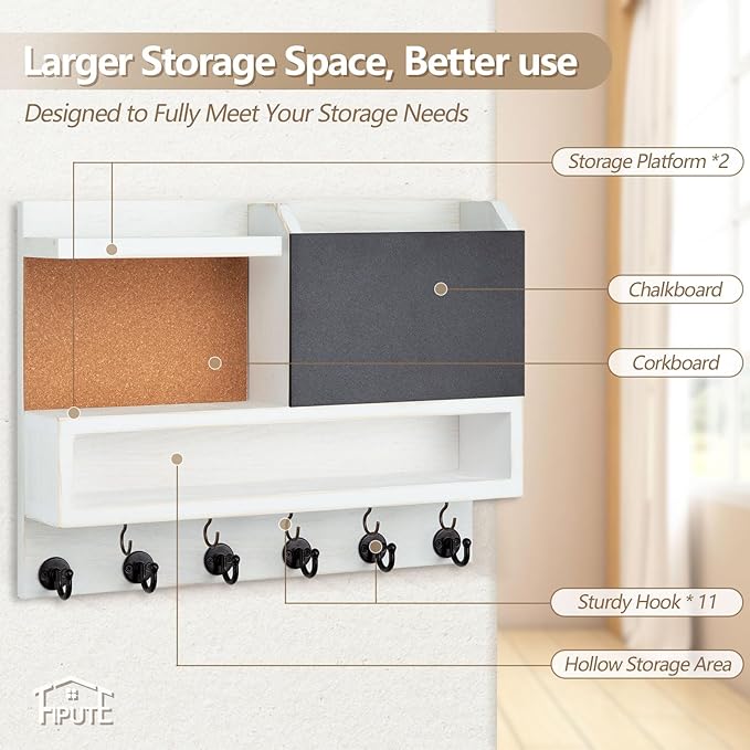 Key Holder for Wall Mount with Mail Organizer, Farmhouse Key Holder for Wall with Shelf, Chalkboard&Corkboard, Entryway Organizer 11 Metal Hooks, Decorative Natural Pine Wood, 14.6*11.1*3.3”, A-White