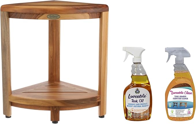 EcoDecors SnazzyCorner 18" Teak Wood Corner Shower Shelf, Fully Assembled | Loveable Teak Oil Spray Bottle, 24 oz | Loveable Teak Cleaner 32 oz