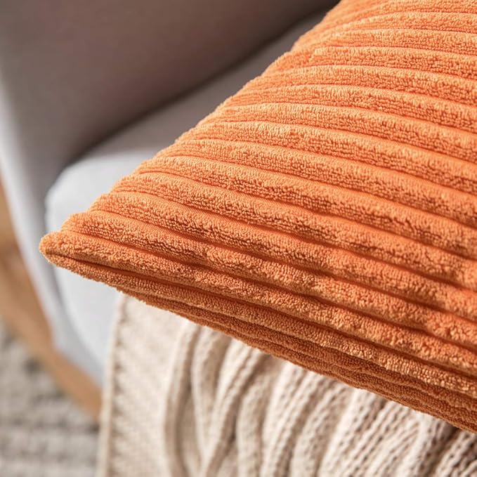 MIULEE Winter Fall Pack of 2 Orange Pillow Covers 12x20 Inch Soft Boho Striped Corduroy Throw Pillow Covers Decorative Square Cushion Cases Pillowcases for Sofa Bedroom Couch Home Decor.