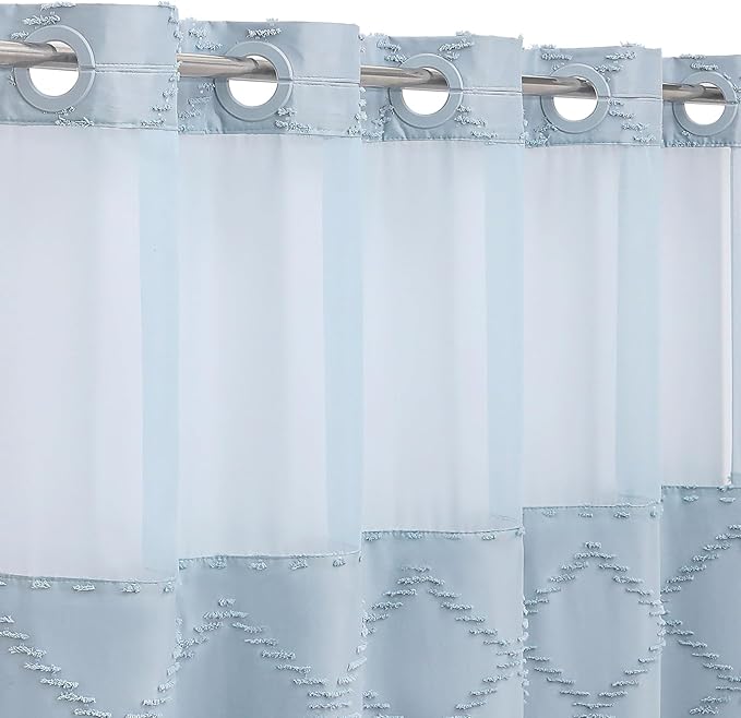 Boho FogBlue Woven Fabric Shower Curtain with 36 x 74 Modern Farmhouse, No Hooks Tufted Chevron Striped Shabby Chic Textured, Minimalist Cloth Curtain for Bathroom, Hotel Decor