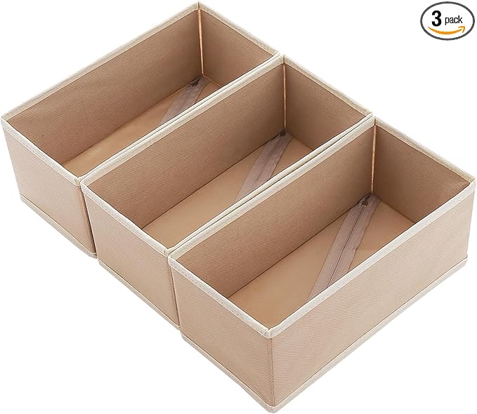 Small Underwear Drawer Organizer 3 Pack Beige, 11' Fabric Dresser Drawer Dividers for Sock Bra and Baby Clothes, Wardrobe and Closet Stoarage Bins for Living Room
