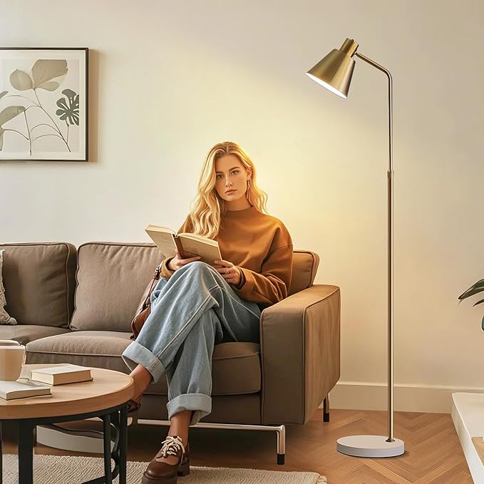 Gold Brass Industrial Floor Lamps with Bright 12W LED Bulb Adjustable 3 Colors, Living Room Sofa Corner Bedroom Bedside Office Study Reading Standing Tall Lights, Unique Modern Home Decor Essentials