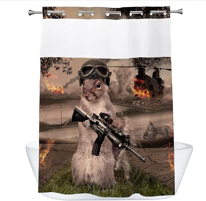 Cute Squirrel Shower Curtain Abstract Anime Theme Shower Curtain with Snap in Fabric Liner Set, Detachable Liner, See Through Mesh Top Window, Waterproof Washable 72" W x 74" H