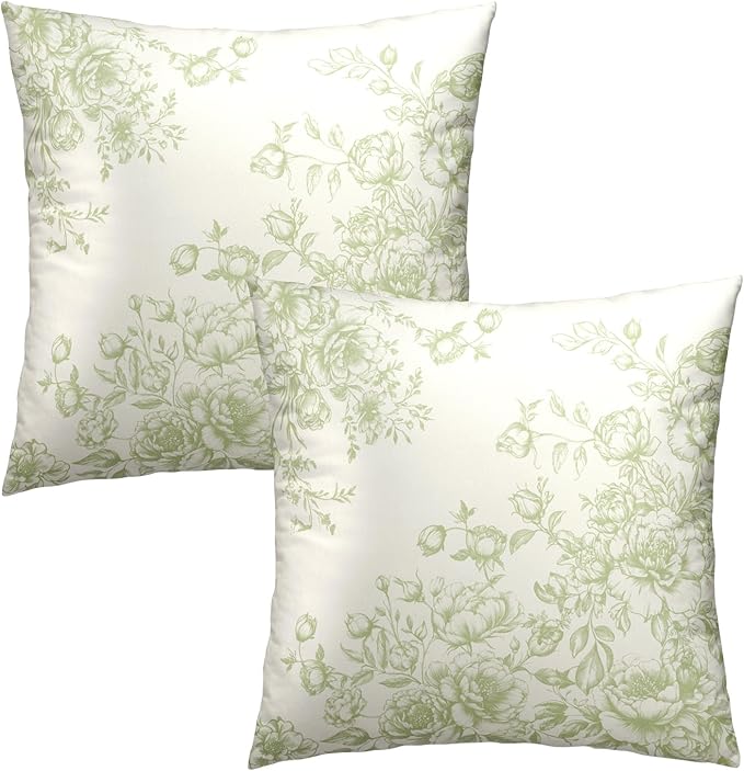Vintage Flowers Throw Pillow Covers 22x22 Inch, 2 Pcs Light Green White Chinoiserie Floral Pillowcases Double-Sided Square Cushion Cover for Couch Sofa Bed Outdoor Home Decor