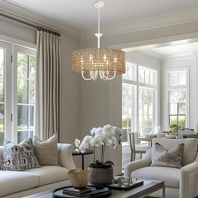 LynPon 17.7" White Boho Rattan Chandelier for Dining Room, 6-Light Boho Rattan Light Fixture with Hand Woven Wicker Shade, Coastal Vintage Chandelier for Living Room Kitchen Bedroom Entryway Hallway
