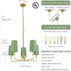 Chandelier, Gold with Muted Green Linen Fabric Shade, Farmhouse Linear Island Lighting Fixture for Kitchen, Dining Room