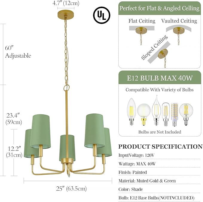 Chandelier, Gold with Muted Green Linen Fabric Shade, Farmhouse Linear Island Lighting Fixture for Kitchen, Dining Room