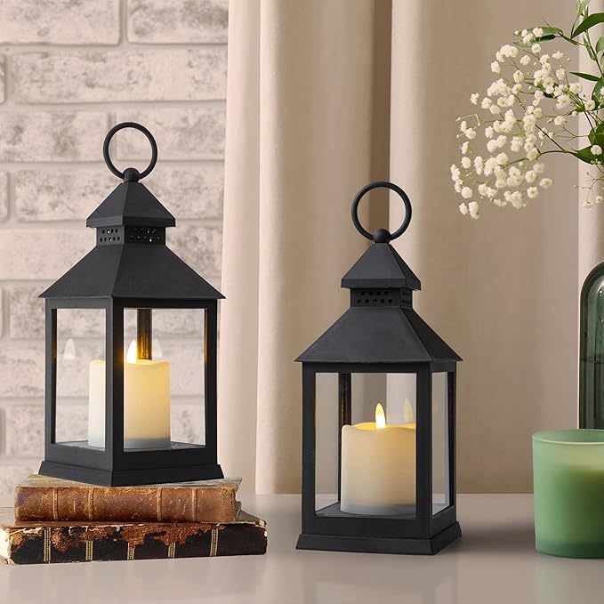 Vintage Lantern Decorative LED Flickering Flameless Candle with Timer, Battery Powered LED Decorative Hanging Lanterns for Indoor Outdoor Garden Yard Home Decor(2 Pack)