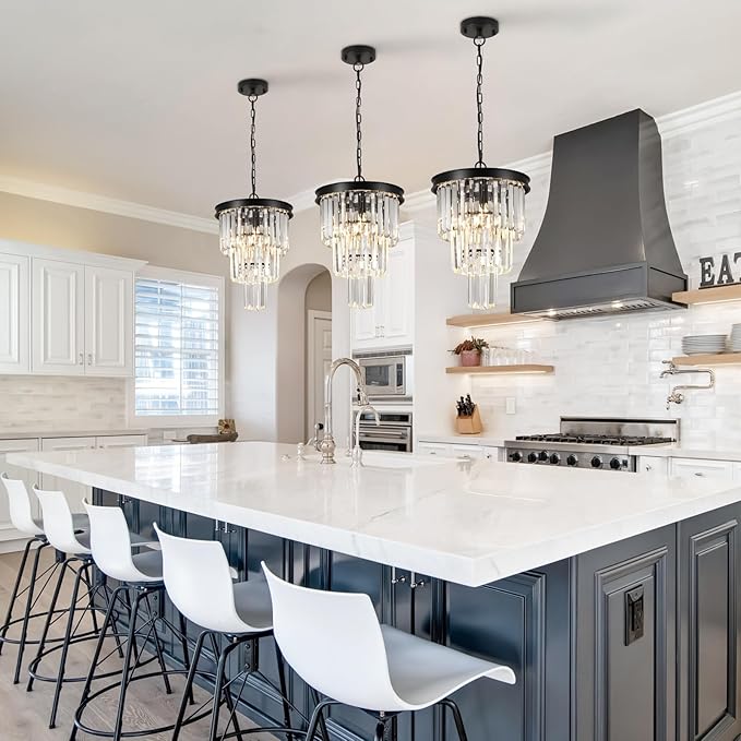 3 Pack Black Crystal Pendant Light for Kitchen Island,Modern Mini Crystal Chandeliers for Dining Room,3 Tiers K9 Ceiling Pendant Light Fixture for Hallway Bedroom Closet