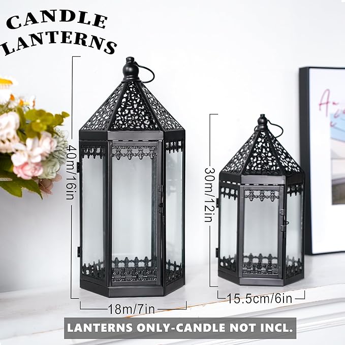 TRIROCKS Set of 2 Deacorative Candle Lantern 16'' & 12'' High Metal Candle Holder Hanging Lanterns with Tempered Glass for Halloween Christmas Indoor Outdoor Home Decor Parties Garden Events (Black)