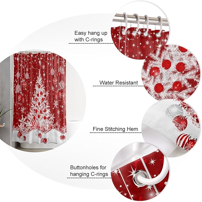 Vandarllin Red Christmas Shower Curtain, White Xmas Tree Snowflakes Red Balls Shower Curtains Set with Hooks, Winter Waterproof Fabric Bathroom Curtains Decor Home Accessories,66 X 72 Inch Long