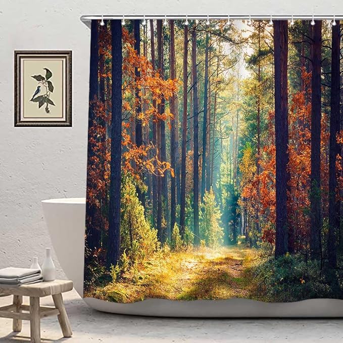 Romantic Fall Shower Curtain, Autumn Forest Thanksgiving Shower Curtains for Bathroom, Rustic Farmhouse Trees Fabric Bath Curtain Set with Hooks 72x72 Inch