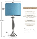 Oneach 27" Modern Table Lamps Set of 2 for Living Room Bedroom with USB A+C Charging Port,Brushed Steel Bedside Lamps for Night Stands,Fabric Drum Shade Nightstand Lamp Light for End Tables Home