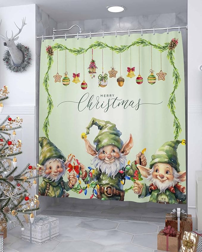 Vandarllin Merry Christmas Shower Curtain, Green Christmas Gnome Elf Shower Curtains Set with Hooks, Xmas Balls Waterproof Fabric Bathroom Curtains Decor Home Accessories,72 X 72 Inch Long