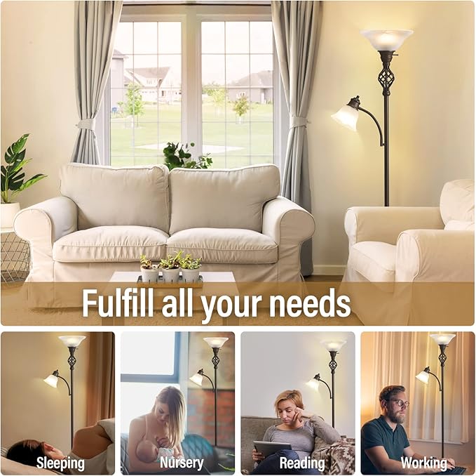 Torchiere Floor Lamp for Living Room, LED Standing Reading Light for Bedroom with Glass Shade for Living Room Corner Bedroom Home Office,Bulbs Included (Red Brown,Glass 2 Head)
