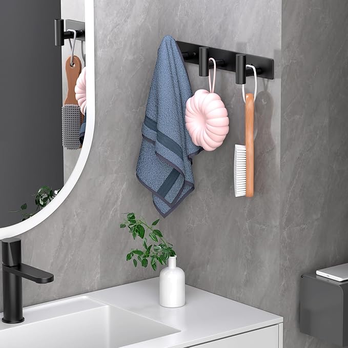 Wall Mounted Coat Rack-3 Hooks, Heavy Duty Stainless Steel Wall Hooks for Towel Coat Bag, Hat Rack Coat Hanger Coat Hooks Towel Racks for Bathroom Entryway Kitchen Hotel Office (Black, 1 Pack)