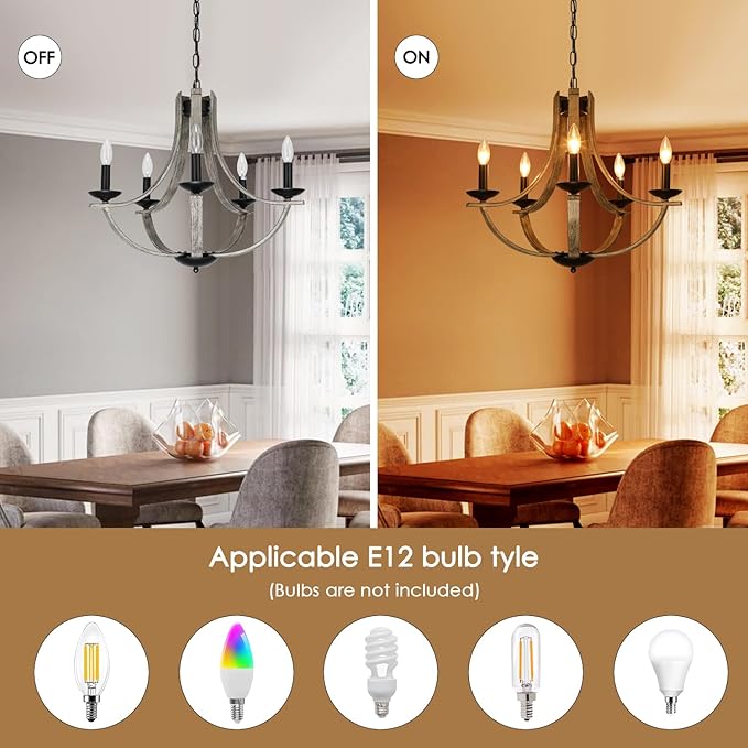 Rustic Chandeliers for Dining Room Light Fixture, 5-Light 24 inch Faux Wood Texture Hanging Lighting Fixtures,Farmhouse Candle Chandeliers for Living Room Kitchen Island Foyer Entryway