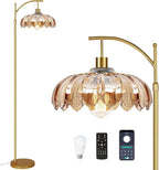 Arc Floor Lamp with 3 Color Temperatures,Gold Floor Lamp with Remote & 3 Color Temperature,Mid Century Modern Standing Lamp with Glass Lampshades,Vintage Tall Floor Lamps for Living Room Bedroom