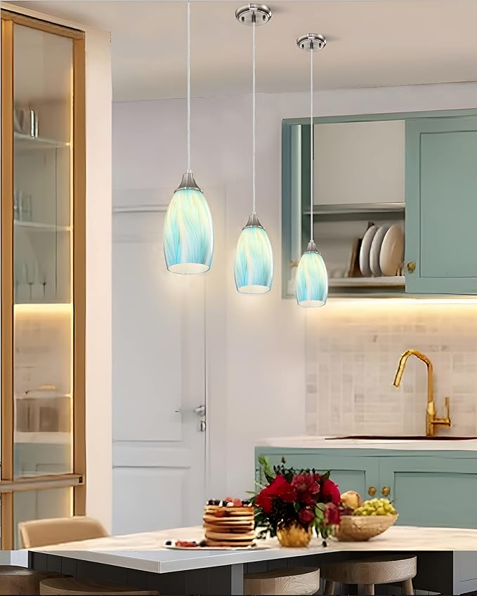 Mini Pendant Light,Handcrafted Art Glass Pendant Lighting Shade with Brushed Nickel Finished Teal Glass Ceiling Hanging lamp Adjustable Cord for Kitchen Island,Hallway,Dining Room