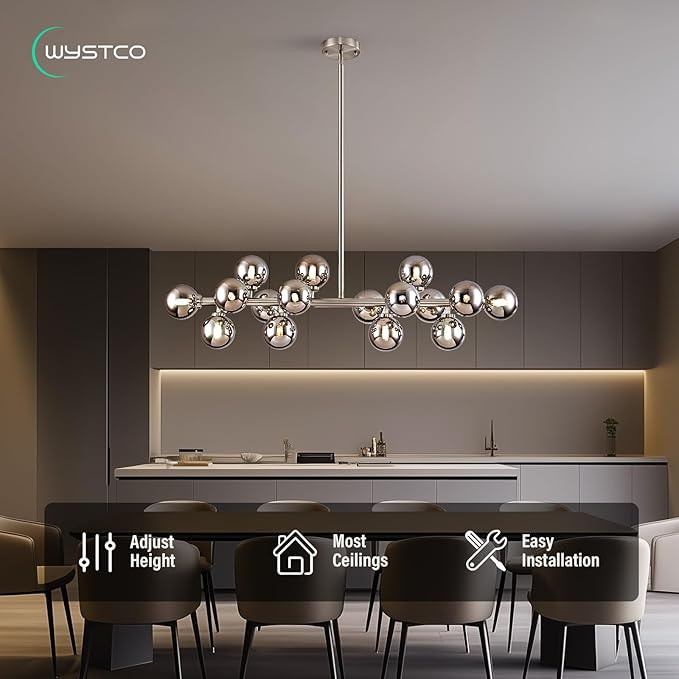 16-Light Globe Sputnik Chandelier, Mid Century Modern Light Fixture Over Table, Nickel Linear Chandeliers for Dining Room and Kitchen Island (Smoke Grey Glass Bubble Shades, 40 Inch)