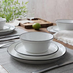 Famiware Saturn Dinnerware Sets, Plates and Bowls Sets for 4, 12 Pieces Stoneware Dish Set - Chip and Scratch Resistant, Microwave and Dishwasher Safe Tableware Set, White with Rim