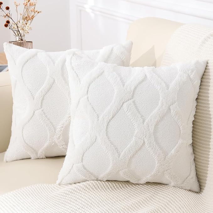 decorUhome Christmas Throw Pillow Covers 26x26 Inch Set of 2, Soft Plush Faux Fur Wool Cream White Couch Pillow Covers, Decorative Neutral Pillow Cases for Bed Sofa Living Room Home Decor