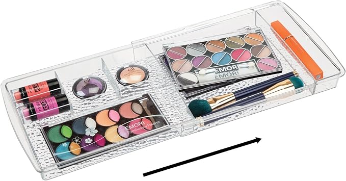 mDesign Expandable Makeup Organizer for Bathroom Drawers, Vanities, Countertops: Organize Makeup Brushes, Eyeshadow Palettes, Lipstick, Lip Gloss, Blush, Concealer - Adjustable Width - Clear