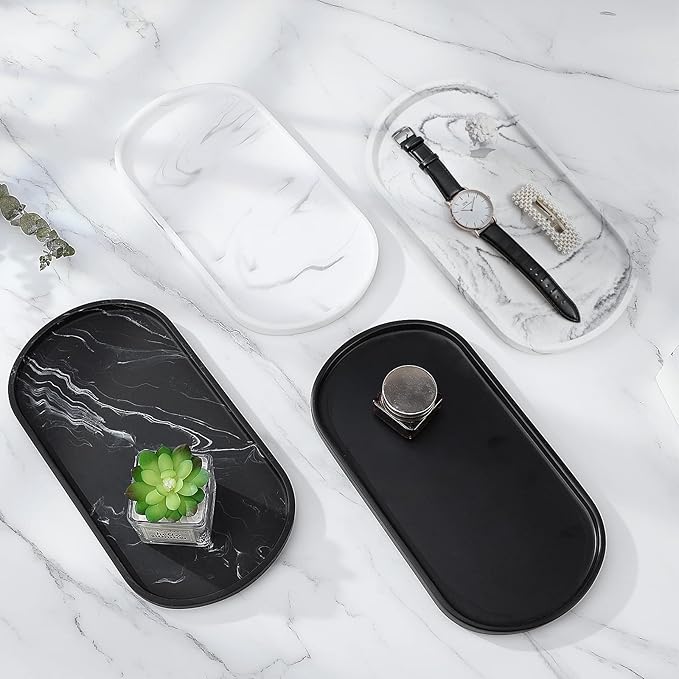 Luxspire Vanity Tray, Toilet Tank Oval Storage Tray, Resin Soap Tray Bathtub Tray, Bathroom Countertop Organization, Vanity Organizer for Candles, Soap, Towel, Plant, Medium, 11.4 Inch, Marble White