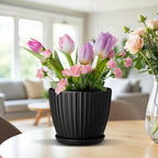 Black 6-Inch Plant Pots with Drainage & Saucers 12 Pack, Indoor & Outdoor Planters for Houseplants, Herbs, and Flowers, Durable & Weatherproof Material, Stackable, Lightweight, Minimalist Design
