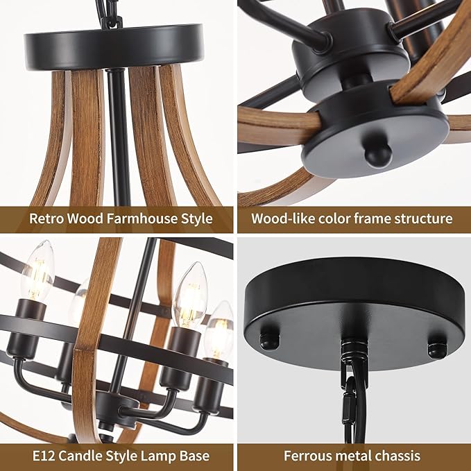 Farmhouse Chandelier for Dining Room 16.9" Wooden Chandelier 4-Light Rustic Candle Chandeliers Modern Faux Wood Vintage Chandeliers Light Fixture for Kitchen Foyer Hallway Entryway Bedroom