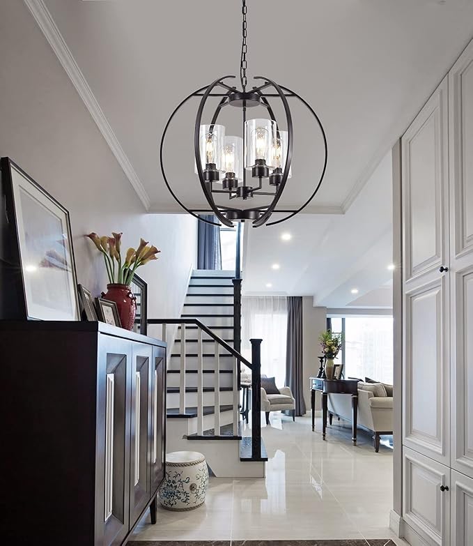 24" Globe Black Chandelier Dining Room Light Fixture Farmhouse Glass Chandeliers Vintage Bedroom Kitchen Island Pendant Lighting Industrial Metal Ceiling Hanging Fixture
