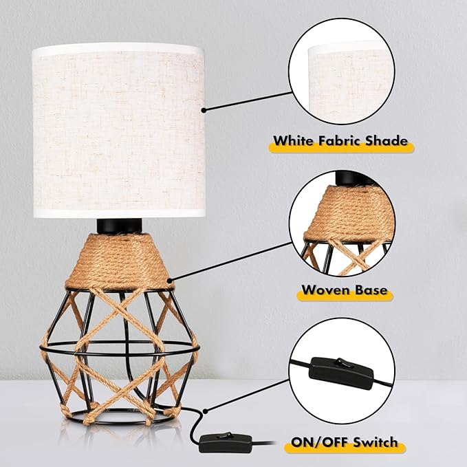 Hamilyeah Woven Table Lamps Set of 2, Farmhouse Lamps for Nightstand with On/Off Switch, Bedside Lamps with Fabric Shade, Modern Simple Lamps for Bedroom, Living Room,Home Office