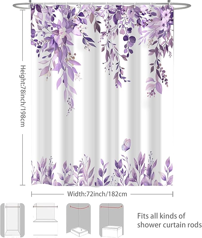 Eucalyptus Shower Curtain, Purple Watercolor Leaves with Floral Botanical Bathroom Decor, Waterproof Fabric Bath Curtain Set with Hooks, 72x78 Inches