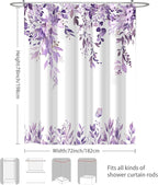 Eucalyptus Shower Curtain, Purple Watercolor Leaves with Floral Botanical Bathroom Decor, Waterproof Fabric Bath Curtain Set with Hooks, 72x78 Inches