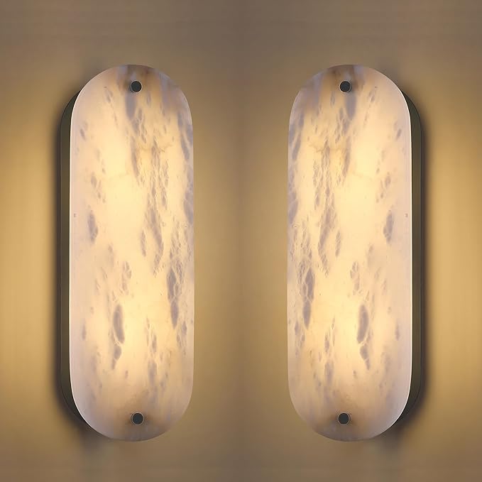 2 Pack 2 Light Oval 16" Alabaster Marble Bathroom Wall Sconce Modern Concise Style Wall Light Fixture,Dark Gray Finish for Bedroom Hallway Bedside