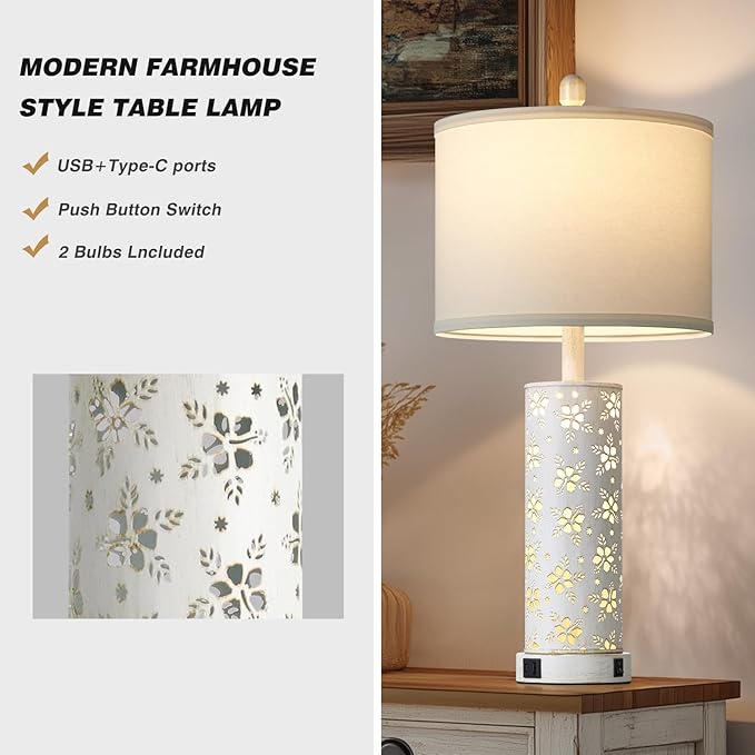 Set of 2 Rustic Table Lamps for Living Room Bedroom, Vintage Farmhouse Nightstand Lamp with 2 USB Ports, Hollow Out Metel Lamp for End Table with Nightlight (Retro White)