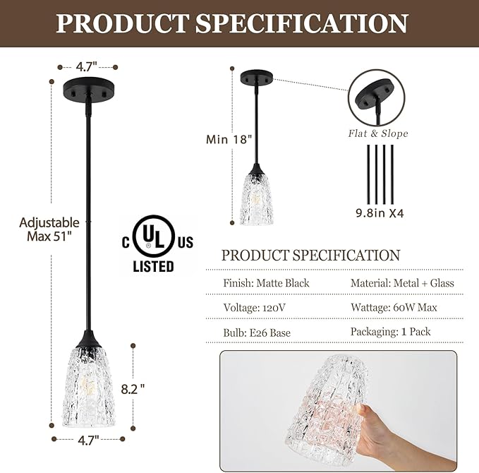 Glass Pendant Lights Kitchen Island, 1-Light Modern Black Pendant Light Fixtures with Hammered Clear Glass and Rods, Farmhouse Mini Hanging Light for Kitchen Sink Dining Room Bedroom, E26