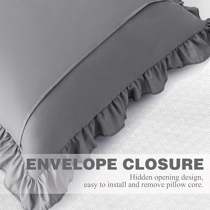 KKJIAF Ruffle Pillow Cases 18x18 Inches, Grey Square Ruffled Pillow Covers Set of 2, Microfiber Wrinkle Resistant Pillow Shams with Envelope Closure for Sofa Bed Living Room