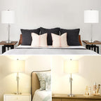 Brushed Nickel Table Lamps Set of 2: 22" to 30" Height Adjustable Nightstand Lamps with White Linen Shade | Pull Chain Switch | Silver Pole Beside Lamp for Living Room Bedroom