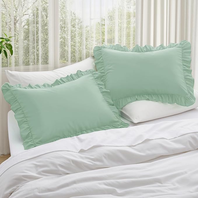 KKJIAF Ruffle Pillow Cases King Size Set of 2, Ruffled Pillow Covers with Envelope Closure, Wrinkle Resistant Pillowcases 20" x 36", Ruffled Pillow Shams, Sage Green