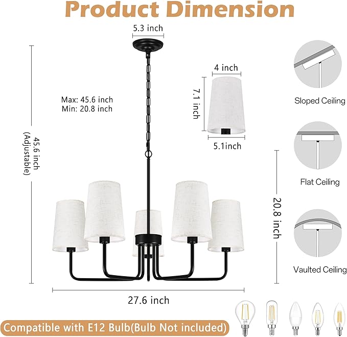 28" Black Boho Farbric Chandelier for Living Room 5-Light Coastal Farmhouse Chandeliers for Dining Room Adjustable Rustic Boho Pendant Light Fixture Bedroom Kitchen Island Entryway Foyer