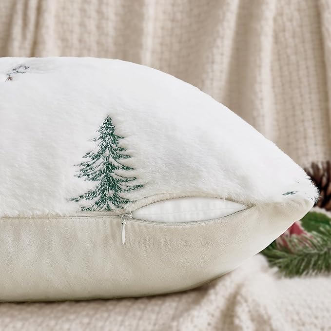 MIULEE Christmas Decorative Pillow Covers Set of 2 Faux Fur Throw Pillows with Embroidered Christmas Tree 20x20 Inch White Green Winter Couch Covers for Festival Sofa Bedroom Living Room Home Decor