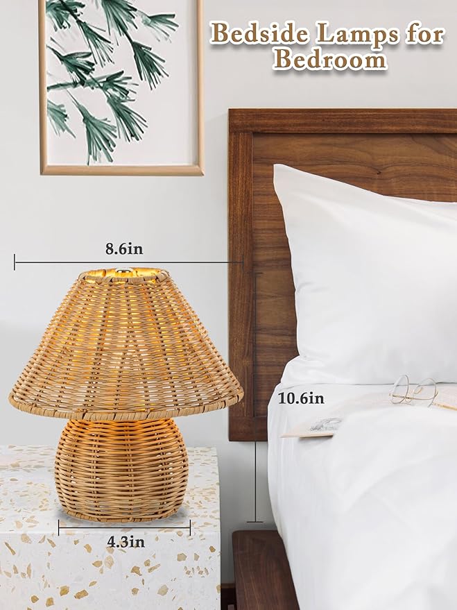Mini Boho Lamp Rattan Lamps,3 Colors Modes Vintage Wicker Light,Small Table Lights for Bedroom Living Room Home Office Art Decor,7W E26 Bulb Included