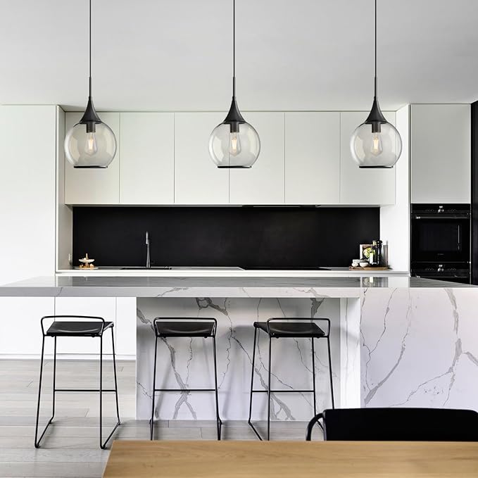 Pendant Lights Kitchen Island: 3 Pack Black Light Fixture Modern with Clear Glass - 10 Inch Mid Century Globe Kitchen Lighting Fixtures Ceiling for Hallway Bar