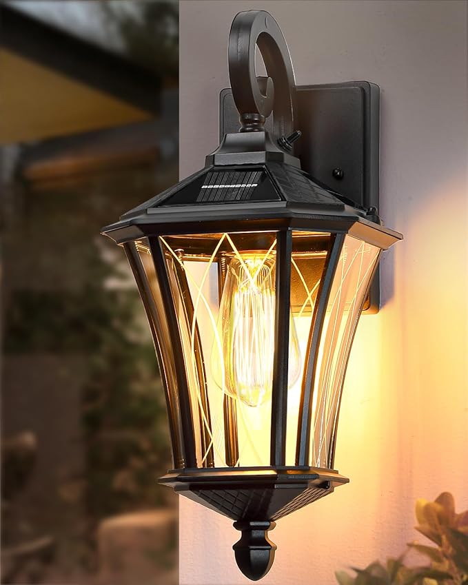 YSN 16" Solar Wall Lights Outdoor, Dusk to Dawn Exterior Lighting Fixtures, Black Solar Porch Lights Outdoor Sconce Lights, Waterproof Outside Light for House Porch Garage Yard, 1 Pack