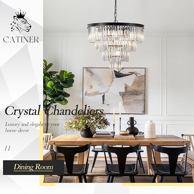 Modern Black Crystal Chandeliers,24” Ceiling Round Chandelier,Luxury Flush Mount Pendant Light Fixture with Chain Farmhouse 4 Tiers K9 Chandelier for Dining Room Bedroom Foyer