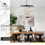 Modern Black Crystal Chandeliers,24” Ceiling Round Chandelier,Luxury Flush Mount Pendant Light Fixture with Chain Farmhouse 4 Tiers K9 Chandelier for Dining Room Bedroom Foyer
