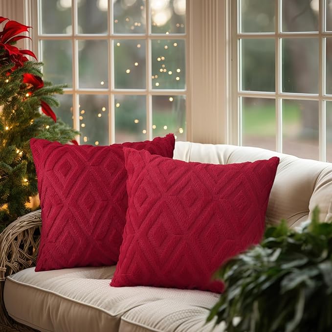 Pallene Christmas Red Throw Pillow Covers 18x18 Set of 2, Soft Plush Faux Fur Decorative Couch Pillow Covers for Sofa Bed Living Room Pillow Cases with 3D Diamond Pattern