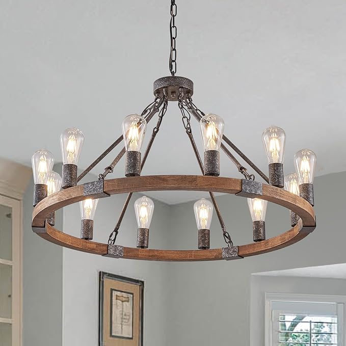 Farmhouse Wagon Wheel Chandelier 31" Black Rustic Light Fixtures 12-Light Wood Round Chandelier for Dining Room Living Room Entryway Foyer